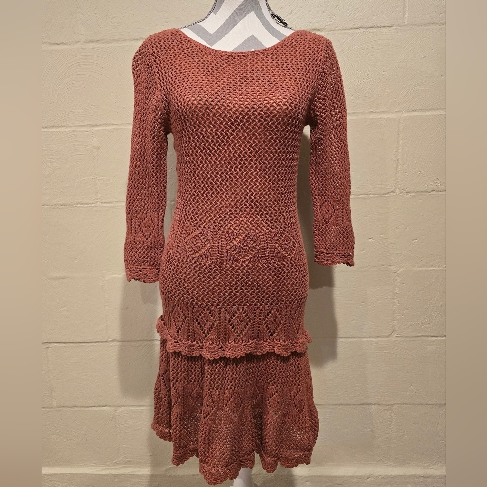 Women's Moda International Vintage Cotton Crochet Dress Rust  Medium.
